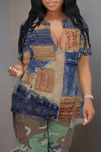Blue Coffee Casual Faux Denim Print Slit V Neck T-Shirts