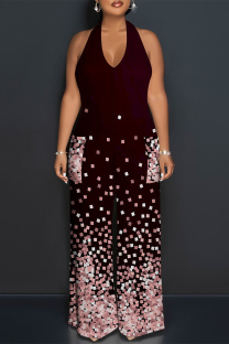 Burgundy Casual Plaid Polka Dot Heart Shaped Print Pocket Backless Halter Loose Jumpsuits