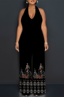 Black Casual Plaid Polka Dot Heart Shaped Print Pocket Backless Halter Loose Jumpsuits