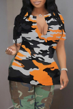 Grey Casual Camouflage Print Slit Contrast V Neck T-Shirts
