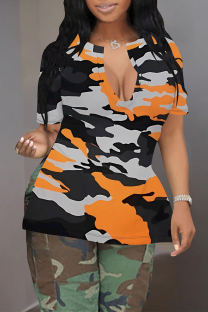 Orange Casual Camouflage Print Slit Contrast V Neck T-Shirts