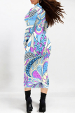 Multicolor Elegant Geometric Print Flowers Contrast Turtleneck Printed Dresses