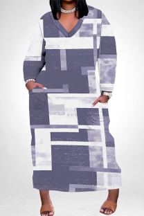 White Purple Street Geometric Print Faux Denim Print Distressed Pocket Contrast V Neck Printed Plus Size Dresses