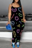 Black Casual Cartoon Print Pocket Contrast U Neck Loose Jumpsuits