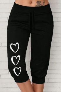 Black Casual Heart Shaped Draw String Patchwork Regular Mid Waist Positioning Print Bottoms