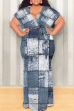 Blue Black Sexy Faux Denim Print With Belt Contrast V Neck Printed Plus Size Dresses