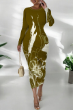 Olive Green Casual Geometric Print Flowers Lips Contrast O Neck Printed Dresses