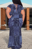 Blue Black Sexy Faux Denim Print With Belt Contrast V Neck Printed Plus Size Dresses