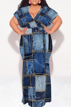 Dark Blue Sexy Faux Denim Print With Belt Contrast V Neck Printed Plus Size Dresses