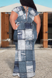 Blue Black Sexy Faux Denim Print With Belt Contrast V Neck Printed Plus Size Dresses