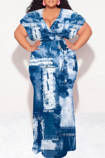 Baby Blue Sexy Faux Denim Print With Belt Contrast V Neck Printed Plus Size Dresses