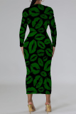 Olive Green Casual Geometric Print Flowers Lips Contrast O Neck Printed Dresses