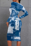 Dark Blue Casual Faux Denim Print Distressed Contrast O Neck Printed Dresses