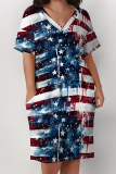 Blue Red Casual American Flag Graffiti Print Stripe Pocket Contrast V Neck Printed Plus Size Dresses
