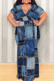 Blue Black Sexy Faux Denim Print With Belt Contrast V Neck Printed Plus Size Dresses