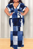 Blue Black Sexy Faux Denim Print With Belt Contrast V Neck Printed Plus Size Dresses