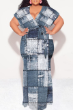 Blue Black Sexy Faux Denim Print With Belt Contrast V Neck Printed Plus Size Dresses