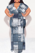 White Blue Sexy Faux Denim Print With Belt Contrast V Neck Printed Plus Size Dresses