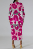 Olive Green Casual Geometric Print Flowers Lips Contrast O Neck Printed Dresses