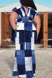 Blue Black Sexy Faux Denim Print With Belt Contrast V Neck Printed Plus Size Dresses
