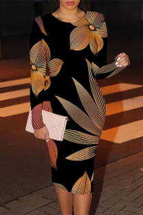 Black Elegant Geometric Print Contrast O Neck Printed Dresses