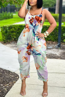 Light Green Casual Floral Print Pocket Contrast U Neck Loose Jumpsuits