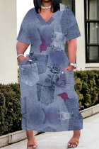 Blue Purple Street Faux Denim Print Pocket Contrast V Neck Printed Plus Size Dresses