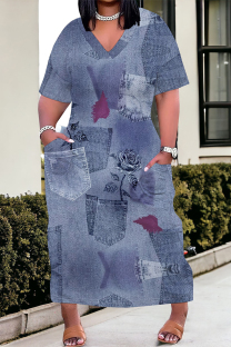 Blue Purple Street Faux Denim Print Pocket Contrast V Neck Printed Plus Size Dresses
