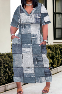 Light Blue Street Faux Denim Print Pocket Contrast V Neck Printed Plus Size Dresses