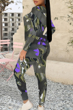 Gray Blue Casual Geometric Print Gradient Contrast O Neck Long Sleeve Two Pieces