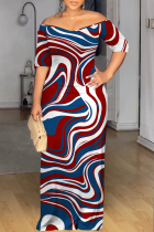 Red Blue Sexy Geometric Print Contrast V Neck Printed Dresses