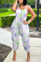 Light Purple Casual Floral Print Pocket Contrast U Neck Loose Jumpsuits
