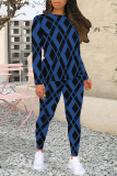 Blue Casual Geometric Print Letters Contrast O Neck Long Sleeve Two Pieces