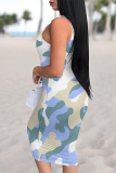 White Green Casual Geometric Print Floral Print Contrast U Neck Printed Dresses