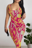 White Green Casual Geometric Print Floral Print Contrast U Neck Printed Dresses