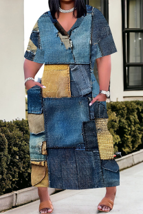 Blue Khaki Street Faux Denim Print Pocket Contrast V Neck Printed Plus Size Dresses