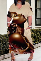 Khaki Casual Print portrait Pocket Contrast V Neck Printed Plus Size Dresses