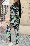 Black Casual Floral Print Contrast O Neck Long Sleeve Two Pieces