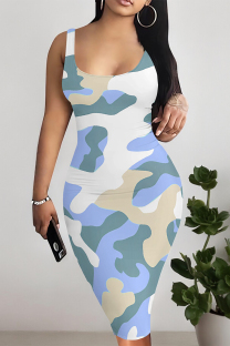 White Blue Casual Geometric Print Floral Print Contrast U Neck Printed Dresses