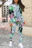 Black Casual Floral Print Contrast O Neck Long Sleeve Two Pieces