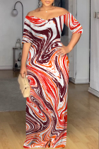Red-brown Sexy Geometric Print Contrast V Neck Printed Dresses