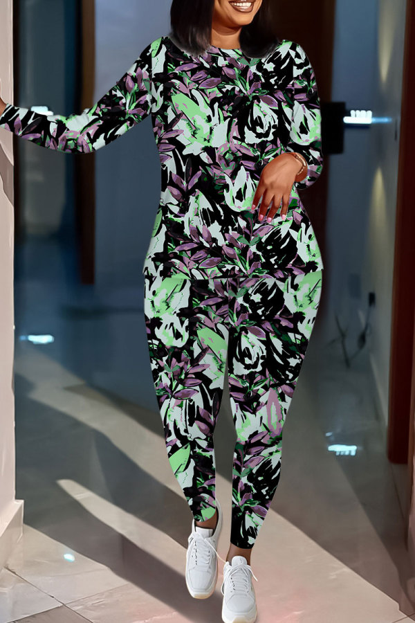 Black Green Casual Floral Print Contrast O Neck Long Sleeve Two Pieces