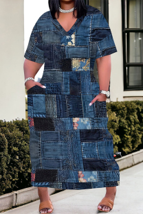 Dark Blue Street Faux Denim Print Pocket Contrast V Neck Printed Plus Size Dresses