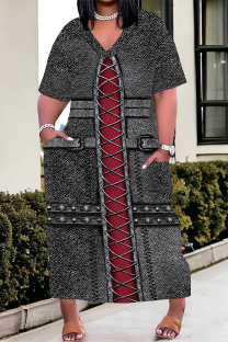 Black Gray Street Faux Denim Print Pocket Contrast V Neck Printed Plus Size Dresses