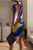 Green Casual Geometric Print Contrast O Neck Printed Dresses