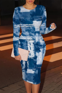 Blue White Casual Faux Denim Print Contrast O Neck Printed Dresses