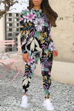 Black Casual Floral Print Contrast O Neck Long Sleeve Two Pieces