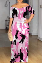 Pink Sexy Geometric Print Contrast V Neck Printed Dresses
