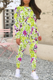 Black Casual Floral Print Contrast O Neck Long Sleeve Two Pieces