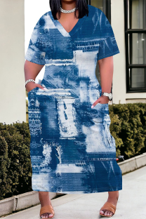 Blue White Street Faux Denim Print Pocket Contrast V Neck Printed Plus Size Dresses